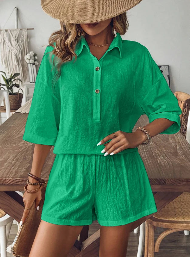 Conjunto 2 Peças Feminino – Camisa Botão & Shorts